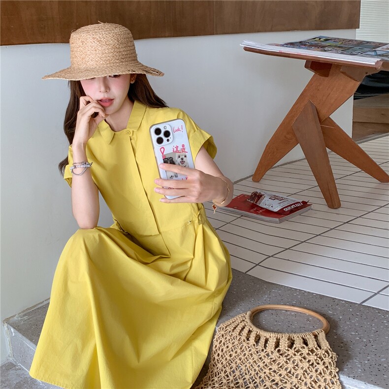 2025夏季新款女韩版小个子时尚翻领短袖收腰显瘦气质长款连衣裙,女装连衣裙,2C307
