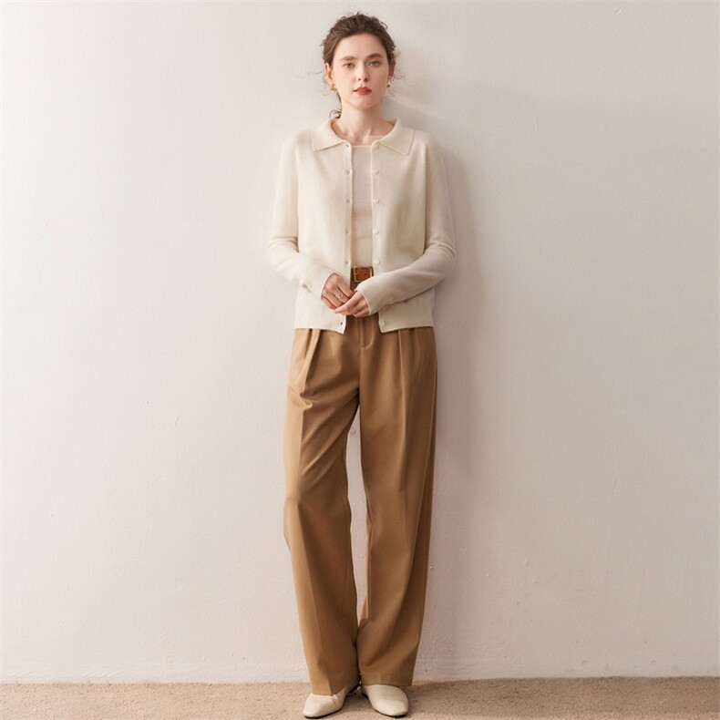 HE|基础美知性baby山羊绒针织开衫女polo领毛衣宽松衬衣领外套，女装针织衫/毛衣，朵沐纯羊绒