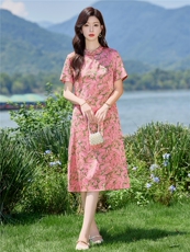 2878时尚复古盘扣印花连衣裙，女装连衣裙，罗得堡
