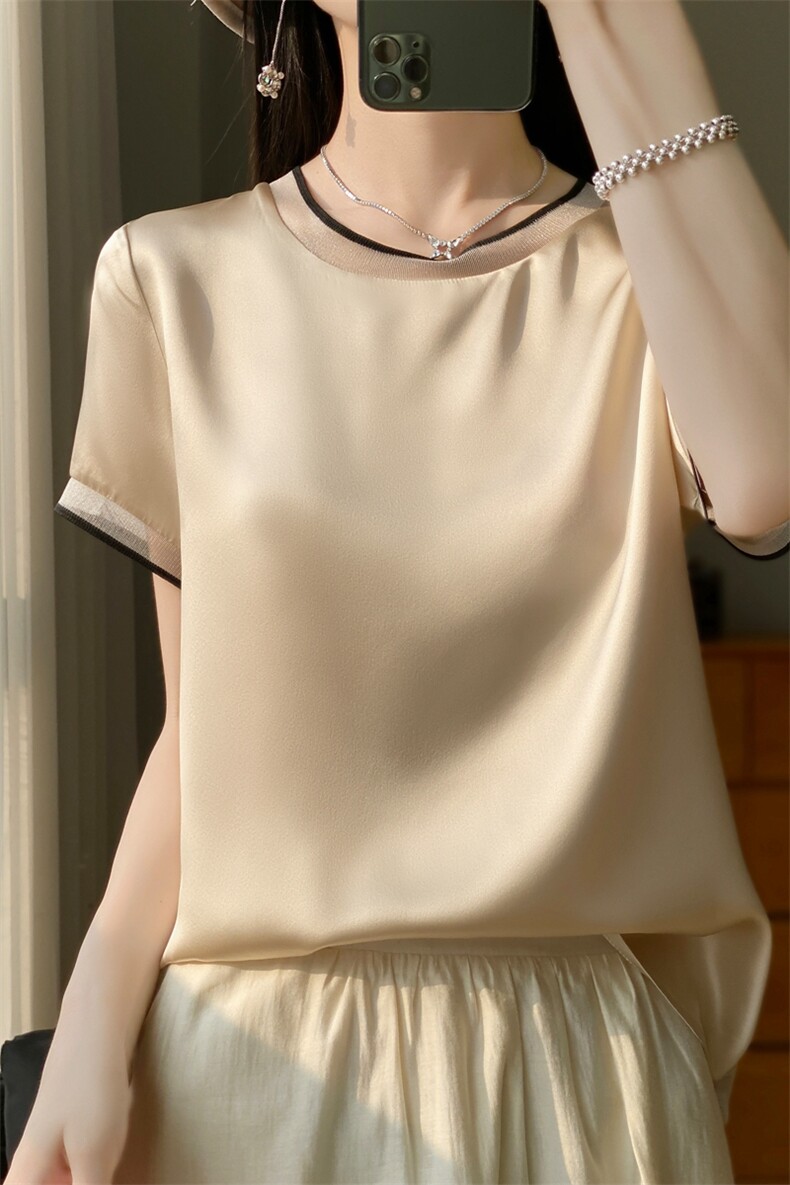 短袖女潮ins潮上衣服2024年夏季简约套头,女装蕾丝衫/雪纺衫,绒宛羊绒