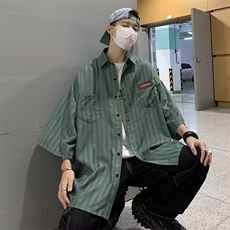 ins慵懒标准日常男青春流行五分袖新款方领潮衬衫送领带LC86P35，男装衬衫，星座1116-2