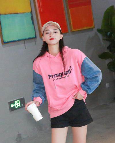 牛仔袖拼接戴帽卫衣，欧韩风走一波，五色齐码！，女装卫衣/绒衫，春信拙源