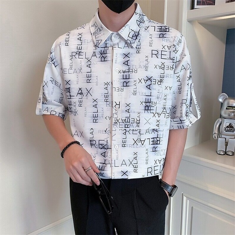网络图花衬衫潮牌字母满印短袖衬衣男士韩版修身休闲中袖上衣,男装衬衫,星座410-7