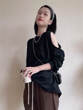 中长款漏肩卫衣，女装卫衣/绒衫，1+1 MAIN ROAD