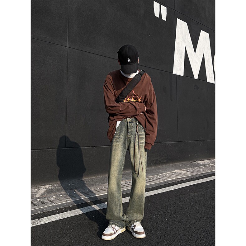 美式ins高街hiphop重工艺水洗微喇复古蓝牛仔裤货号K2320P55控78,男装牛仔裤,电商A063
