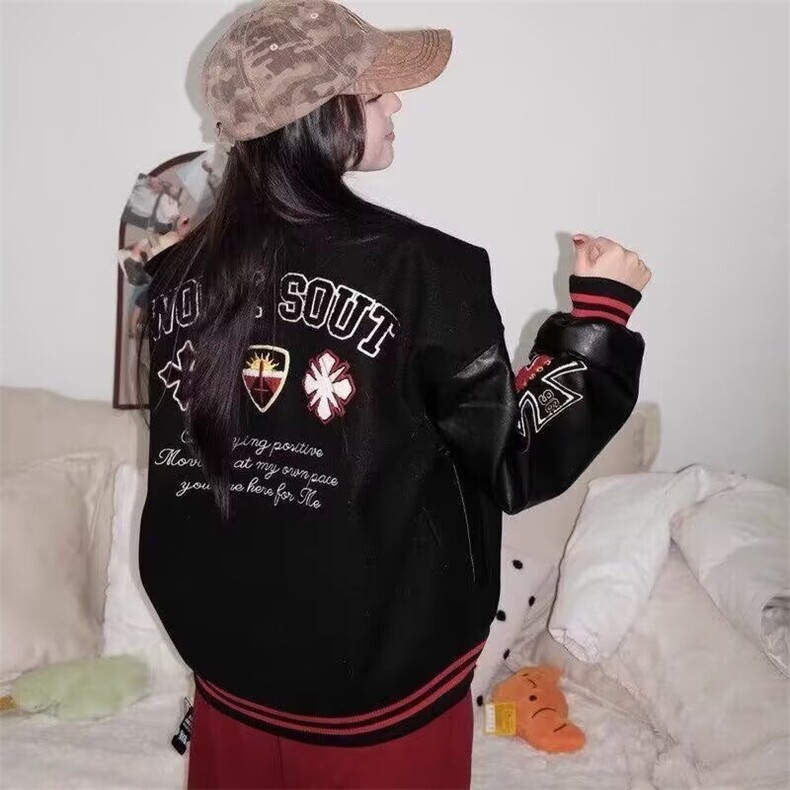 式PU拼接棒球服外套女2025春秋新款宽松设计感刺绣百搭夹克上衣,男装夹克,星座506A
