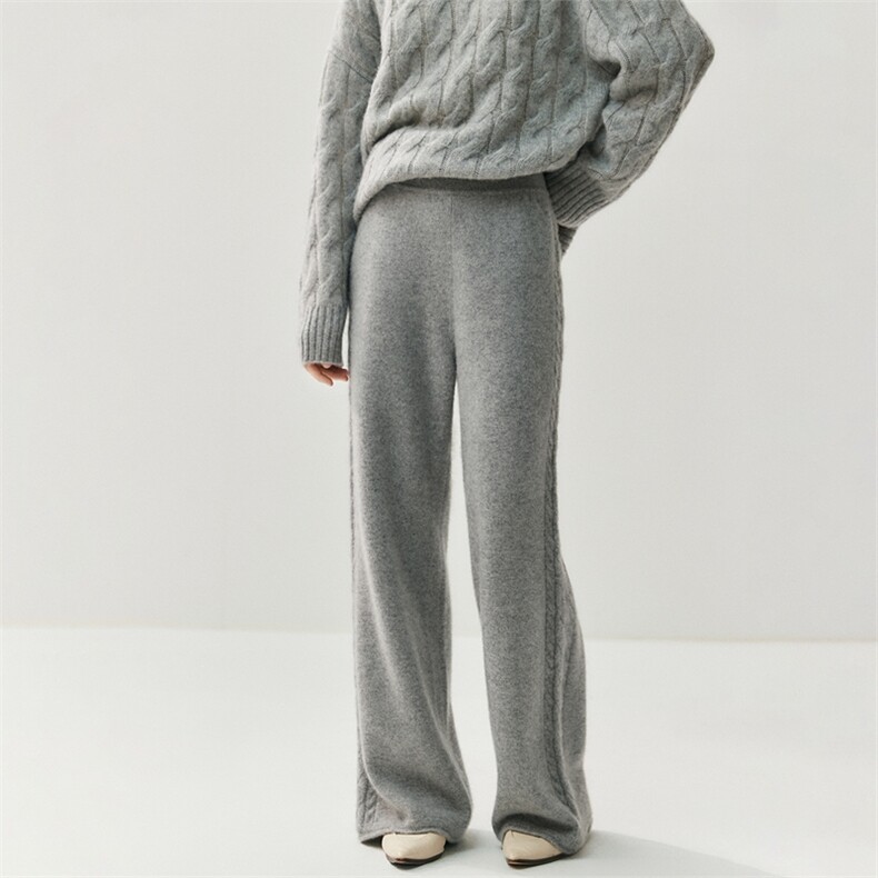 日常款~山羊绒秋冬新款女针织休闲直筒侧边麻花阔腿裤毛针织裤,女装休闲裤,绒创羊绒