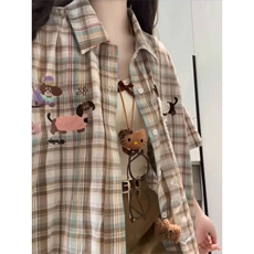 TC522-P45美式毛巾绣格子短袖衬衫夏季新款宽松休闲衬衣，女装衬衫，星座617A-2