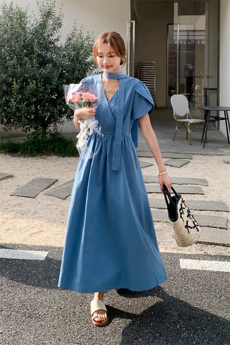 法式花苞袖蓝色连衣裙女夏2025新款长裙温柔风显瘦时尚设计感长裙,女装连衣裙,2C206