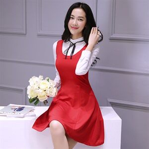 时尚优雅红色连衣裙 显瘦修身百搭女套装,女装套装/套裙,贵人树