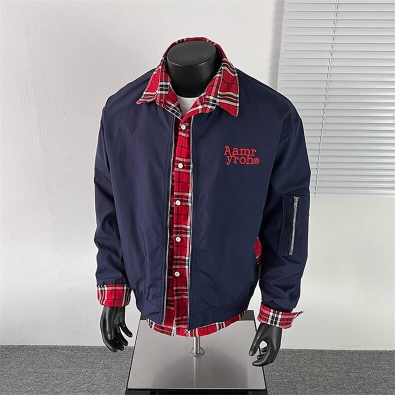小众格子拼接假两件外套男秋复古工装飞行员夹克棒球服HH8561P70,男装夹克,星座1013-5