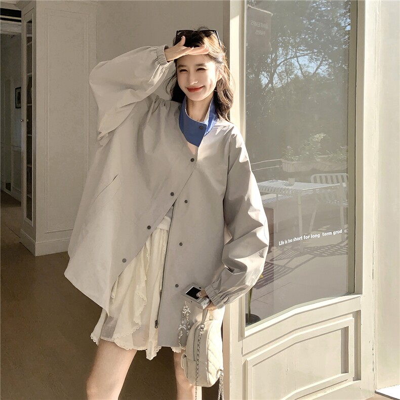 撞色拼接立领中长款休闲风衣女2026春秋新款随性松弛宽松显瘦外套,女装风衣,2C159