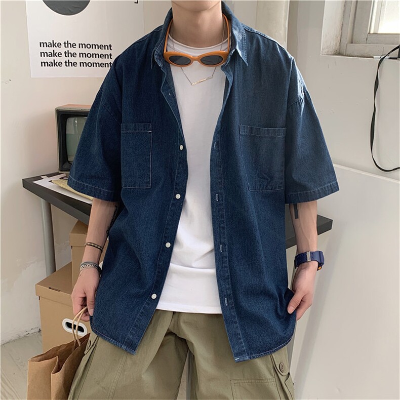 牛仔短袖衬衫男ins痞帅夏季薄款日系潮流宽松外套中性衬衣S05-P40图片