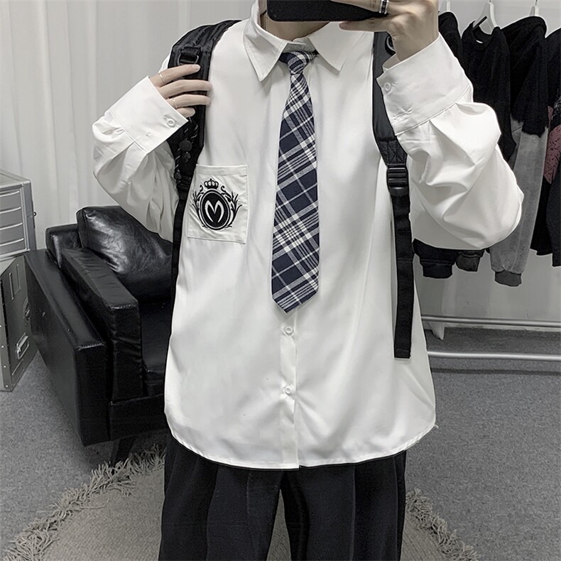 20/秋新刺绣DK/JK学院风长袖衬衫男ins情侣 CS2021（送领带）图片