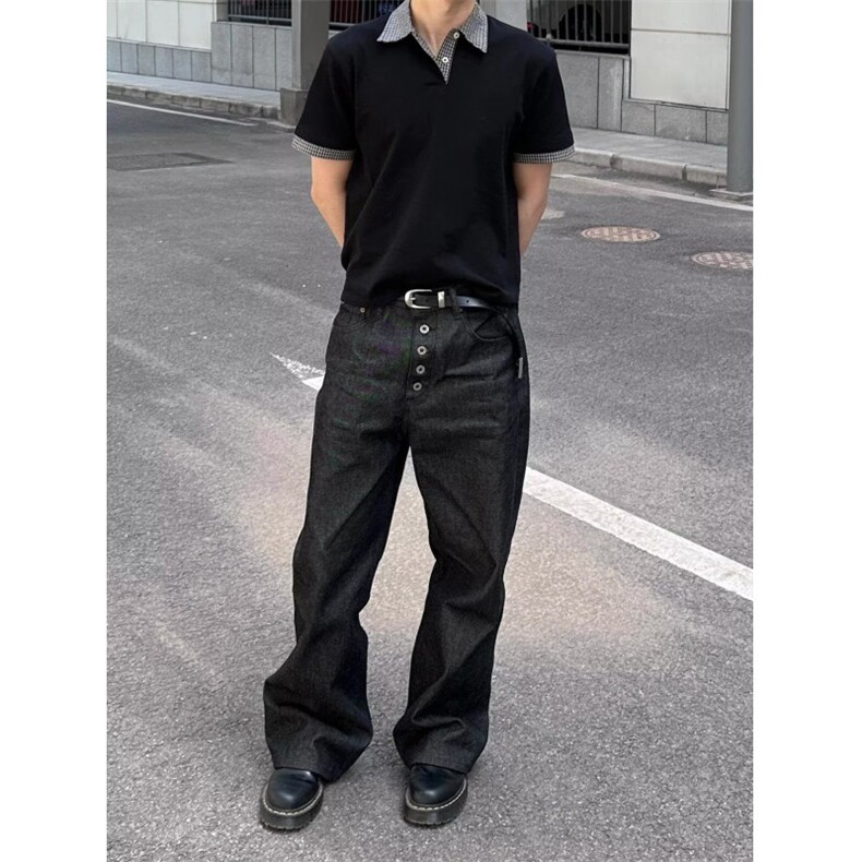 美式复古原色排扣牛仔裤男高街直筒宽松百搭cleanfit黑色拖地裤子,男装牛仔裤,四季星座505
