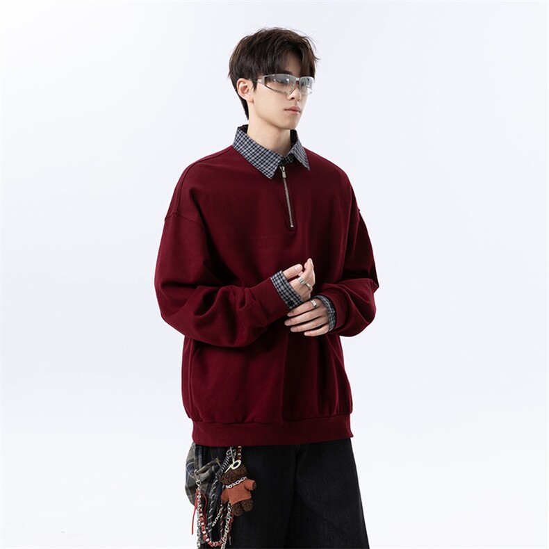高克重格子条纹拉连V领时尚假两件拼接大码卫衣XZ301AWY2508,男装卫衣,星座301A