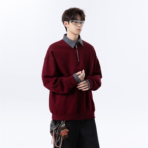 高克重格子条纹拉连V领时尚假两件拼接大码卫衣XZ301A WY2508图片