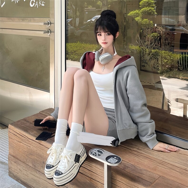 抖音得物高品质秋冬美式高街重磅结构双层双面连帽卫衣外套XS107,女装短外套,电商A486-1