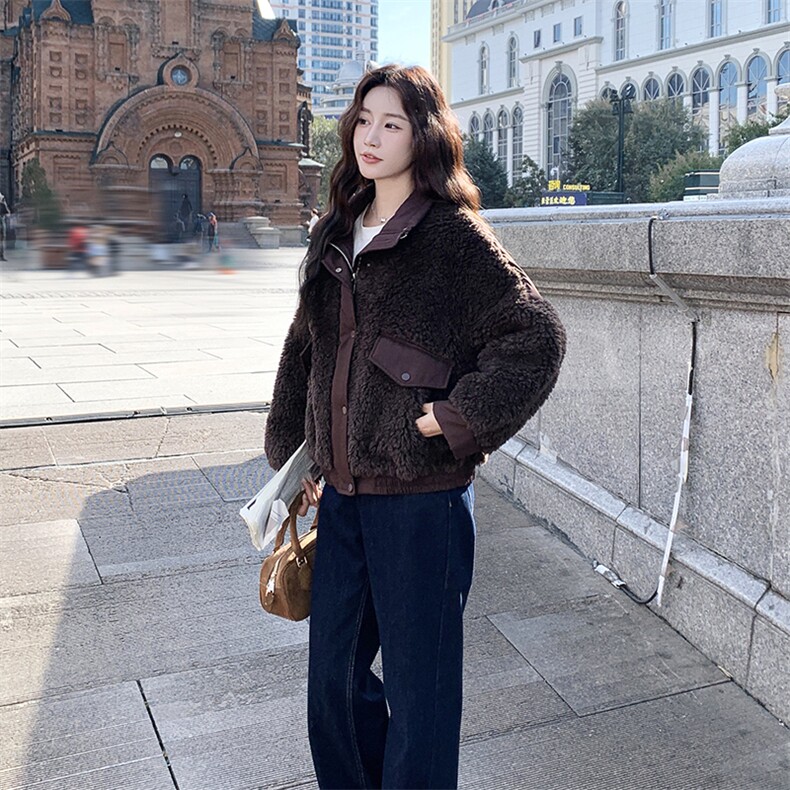 2025冬装新款深棕色皮毛一体拼接外套2B082-2243-p260k390,女装短外套,2B082