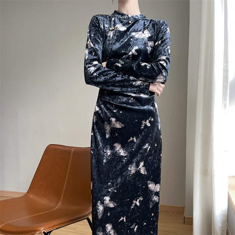 连衣裙女秋季新款潮流时尚金丝绒立领改良旗袍图片