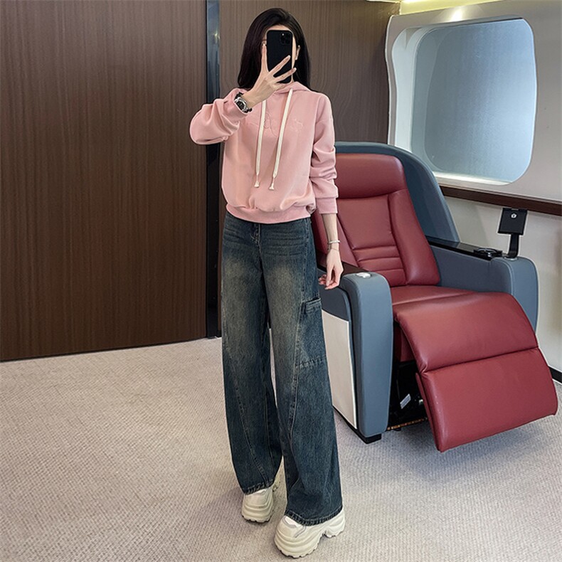 学院风洋气粉色上衣直筒牛仔裤两件套,女装套装/套裙,江南