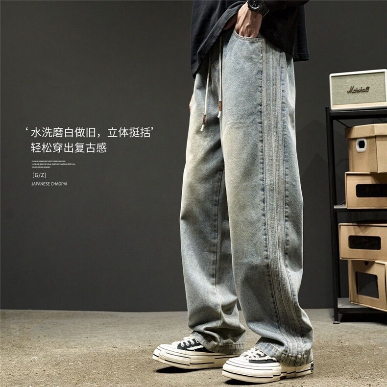 直筒牛仔裤男秋冬新款潮牌水洗做旧侧条纹休闲裤复装裤AM301 P47图片