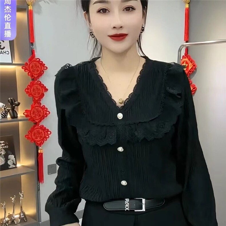 蕾丝洋气打底衬衫显瘦荷叶设计气质时尚减龄春新款上衣长袖宽松女,女装蕾丝衫/雪纺衫,思沃羊绒