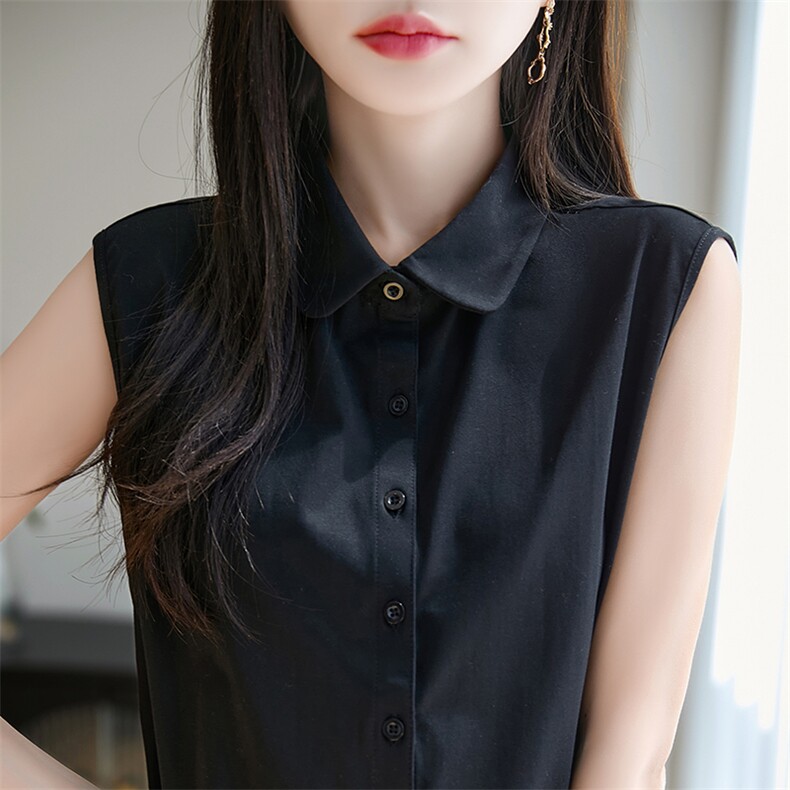 100%纯棉无袖背心开衫女夏季POLO领纯色内搭上衣全棉宽松西装打底,女装T恤,臻维羊绒