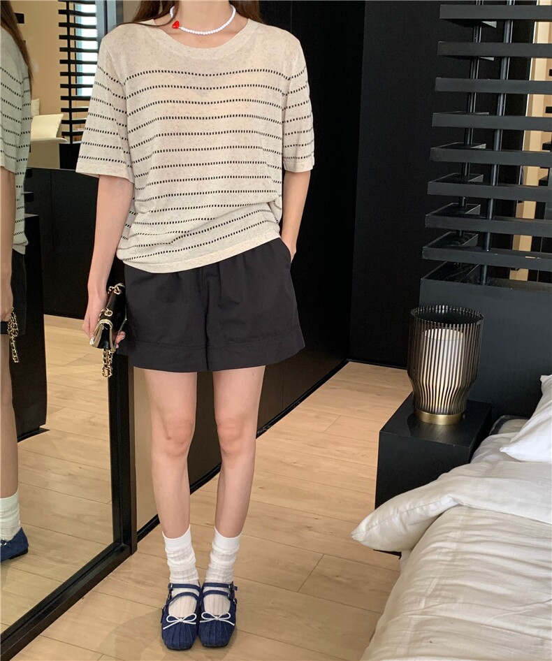 夏季新款简约条纹短袖针织衫女宽松休闲百搭上衣图片