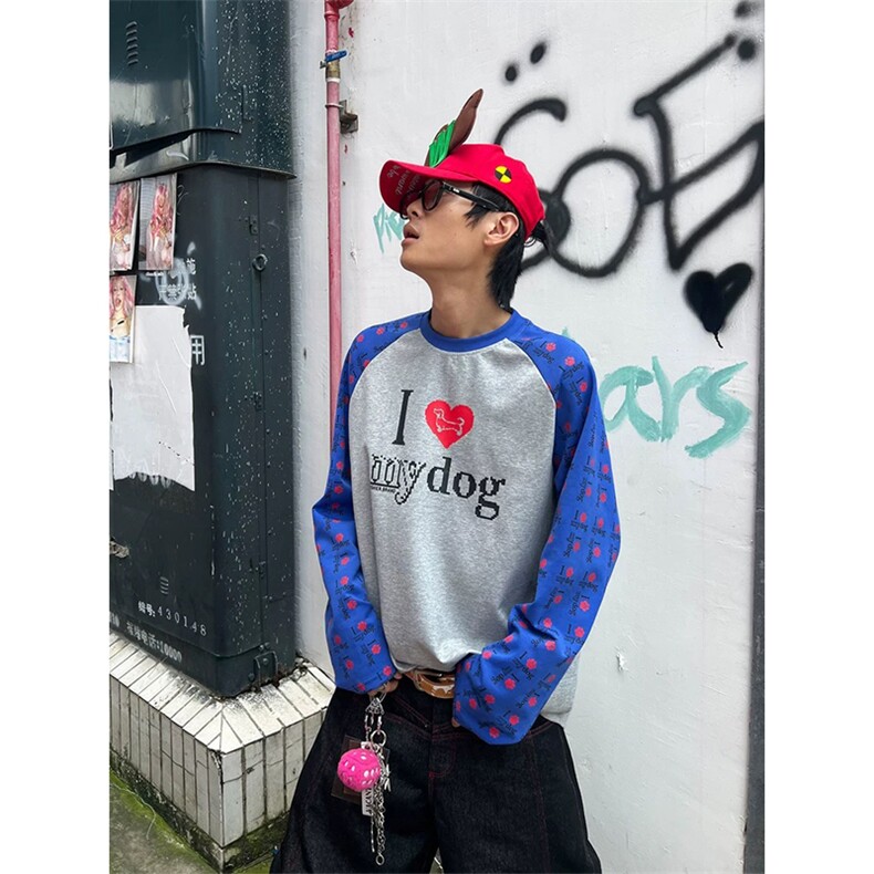 网图有货美式复古爱狗狗撞色插肩袖T恤秋季男女宽松上衣A805-P36,男装T恤,星座1505