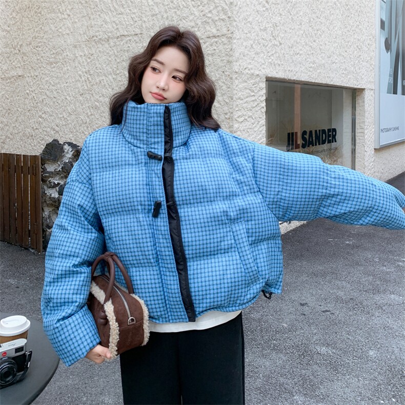 蓝色格子立领短款羽绒服女冬2025超火好看高级小众加厚面包服外套,女装羽绒服,2C117