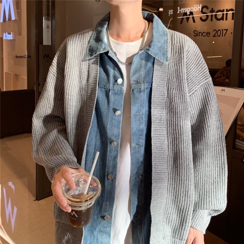 秋男假两件毛衣拼牛仔开衫单排扣针织衫休闲外套M517P86,男装针织衫/毛衣,星座1013-1