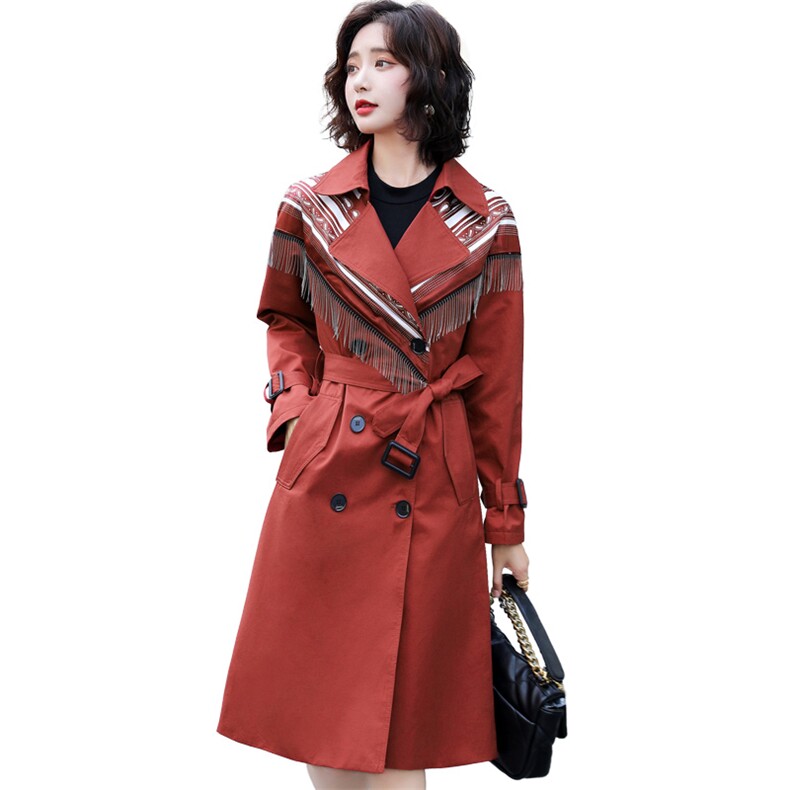 2021春秋装新款流苏中长款双排扣女士风衣，女装风衣，天丝秀