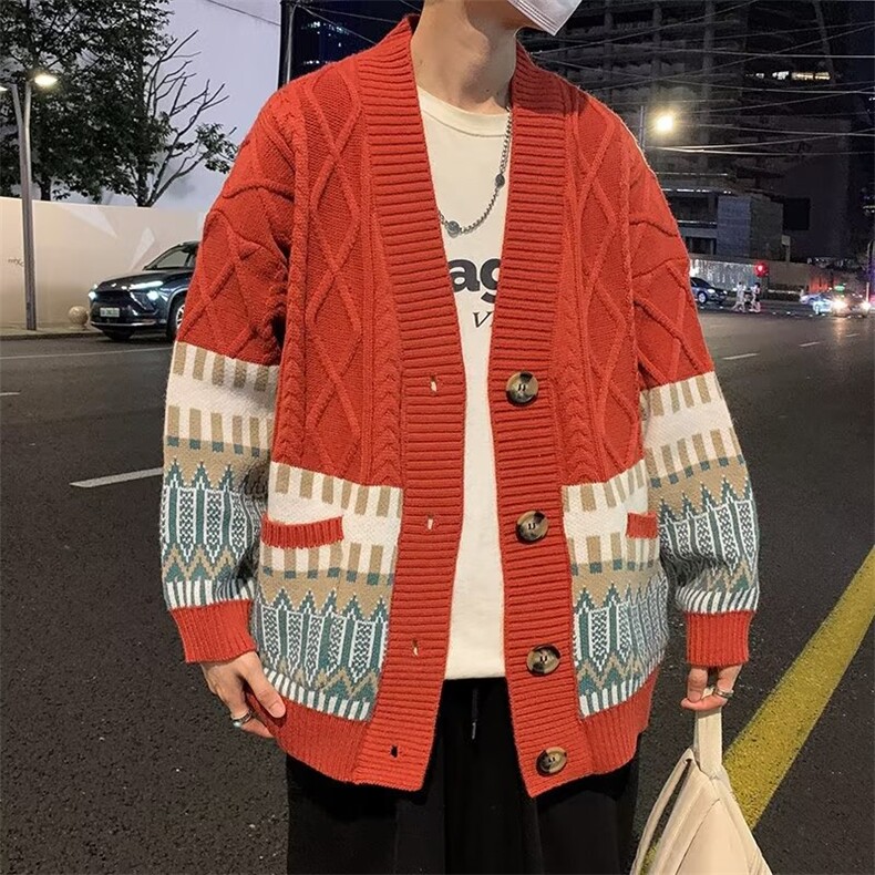 秋季针织衫百搭宽松撞色上衣提花毛衣外套男开衫慵懒风M594-P54,男装针织衫/毛衣,星座512-2