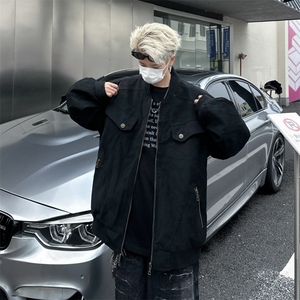 美式复古工装夹克男女春秋做旧宽松休闲情侣短款外套上衣,秋季烟灰色背带裤搭配什么上衣图片