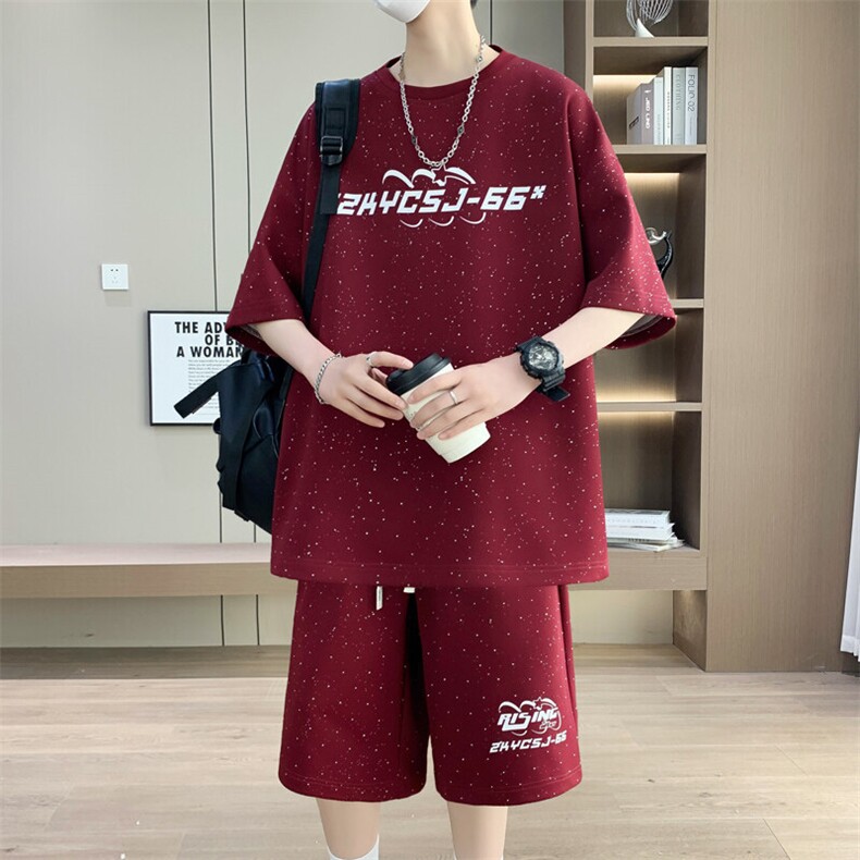 港风套装男宽松菠萝格满天星圆领短袖T恤短裤痞帅套装TZ6628-P50,男装牛仔裤,星座310B-3