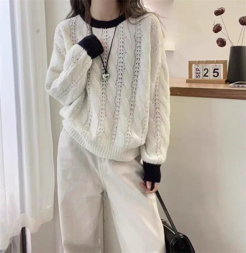 2025年秋季新款百搭拼色麻花套衫，女装针织衫/毛衣，恒恩羊绒