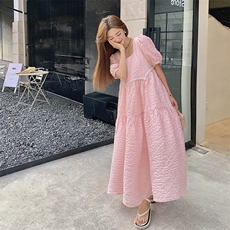 绝美奶fufu粉色泡泡袖方领连衣裙女夏2025新款小清新宽松仙女长裙，女装连衣裙，浙宝189