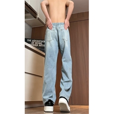 2025春装牛仔裤款宽直筒拼接裤子美式复古A057-KZ858-特P43，男装牛仔裤，电商A057