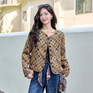 复古时尚菱格刺绣短款外套女2025秋冬新款小香风显瘦百搭气质上衣图片