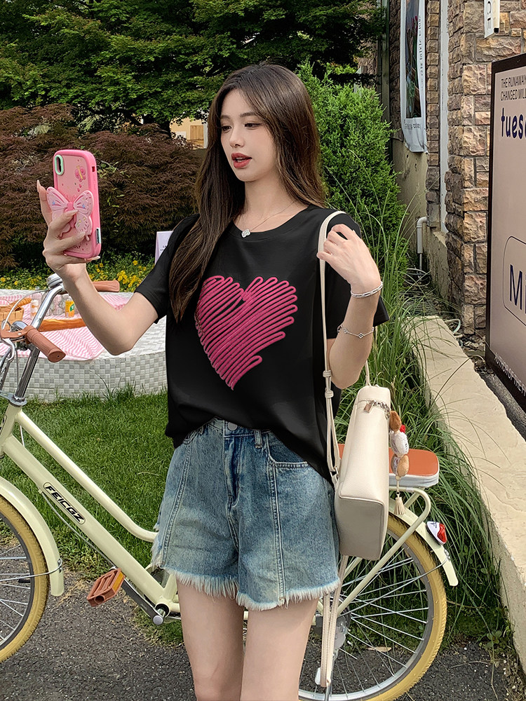 专柜撤回正品女装剪标清仓一线品牌绿色爱心印花短袖正肩t恤潮ins,女装T恤,鑫慧