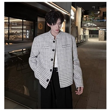 小香风短款垫肩格子外套男痞帅飞行夹克新中式西服W6647-P65，男装西服，星座412-1