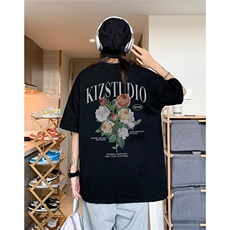 EQ245*玫瑰花印花短袖男女中性风夏季T恤港风ins潮流街头半袖，男装T恤，电商C306-1