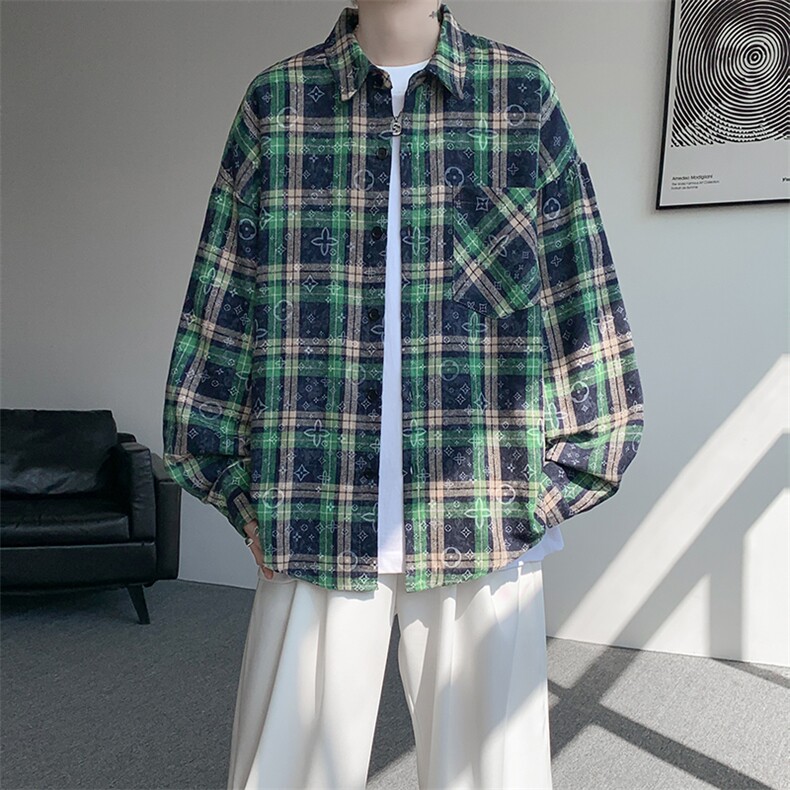 衬衫男秋季新款港风宽松大码格子扎染长袖衬衣CS507-P35，男装衬衫，星座214-3