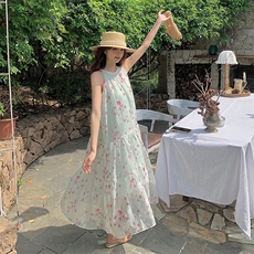 高级感海边度假扎染印花无袖露肩挂脖长裙女夏新款温柔茶歇连衣裙，女装连衣裙，浙宝305