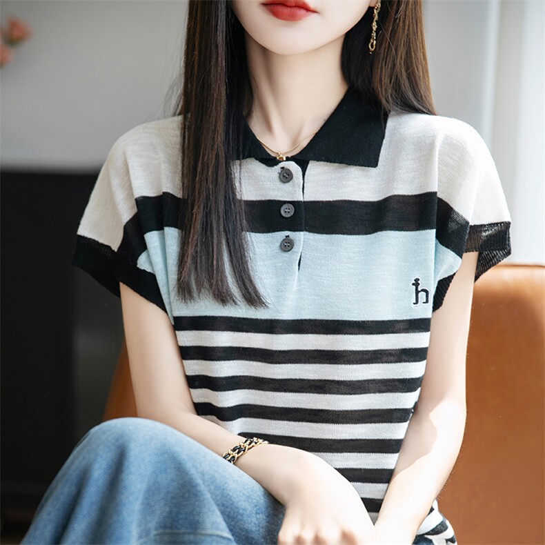 夏季翻领撞色条纹短袖T恤女竹节麻休闲Polo领套头针织半袖上衣潮,女装T恤,菲奥羊绒