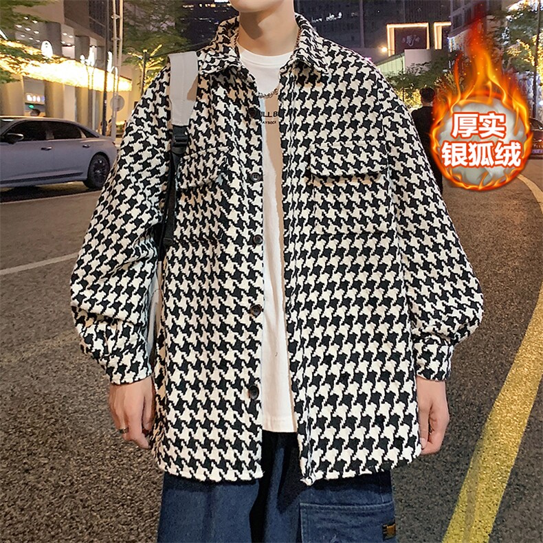 新款加厚衬衫夹克男潮千鸟格翻领毛呢外套J25861J加绒-P80控118,男装夹克,电商A001