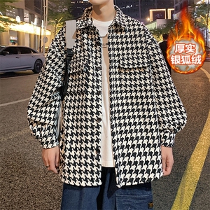新款加厚衬衫夹克男潮千鸟格翻领毛呢外套J25861J加绒-P80控118图片