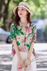 时尚翻领天丝棉麻短袖衬衫女2025夏新款宽松显瘦洋气印花衬衣小衫，女装衬衫，涵墨