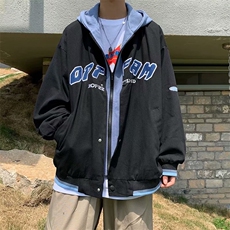 潮牌假两件连帽外套男生春秋ins潮流字母印花工装夹克WT8030-p65，男装夹克，星座1008-1